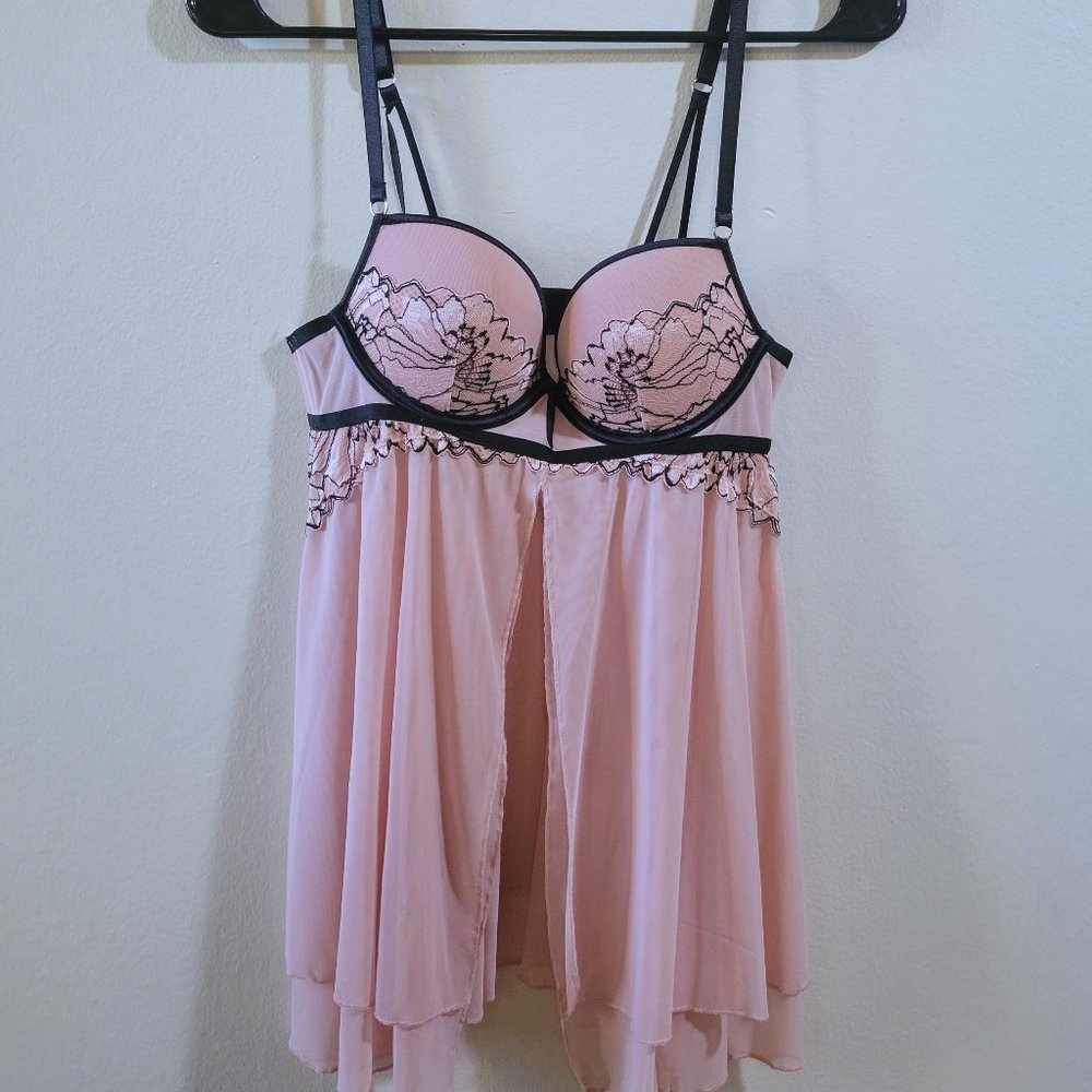 Auden Lingerie Push-Up Underwire Babydoll Top Pink Black Floral Lace Size XS